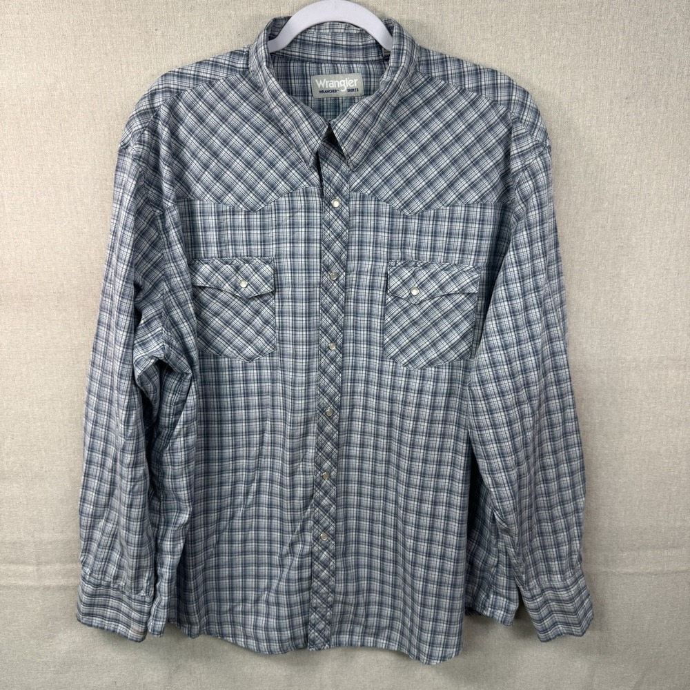 Wrangler Men's Pearl Snap Long-Sleeved Wrancher Shirt Size XXL White Blue Plaid